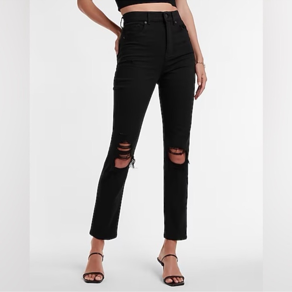 Express High Rise Black Distressed Straight Jeans